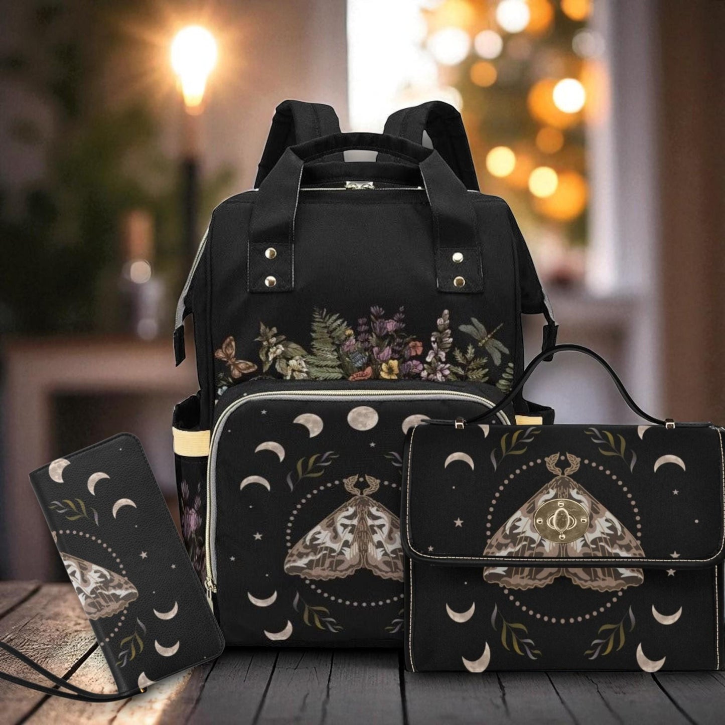 Celestial Moth Backpack, Moon Phases Bag, Witchy Gift for Christmas