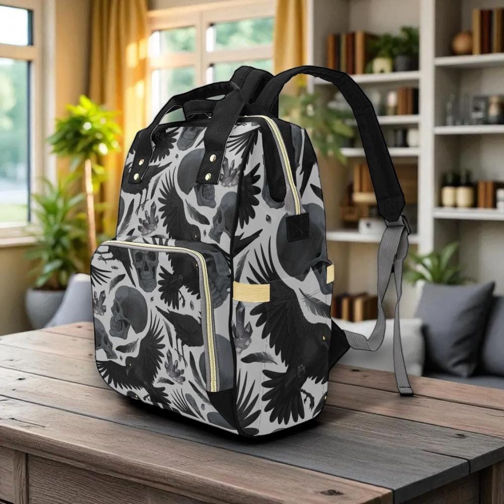 Skull Crow Backpack, Gothic School Bag, Witchy Diaper Bag Gift