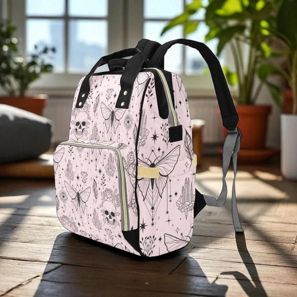 Pink Occult Backpack with Skulls and Moths Witchy Teacher School Bag
