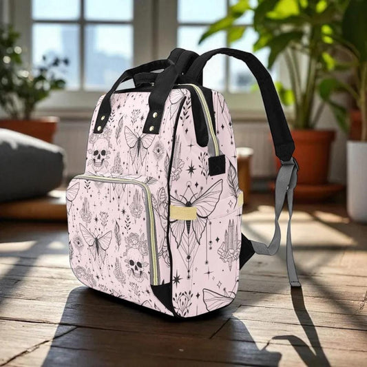 Pink Occult Backpack with Skulls and Moths Witchy Teacher School Bag