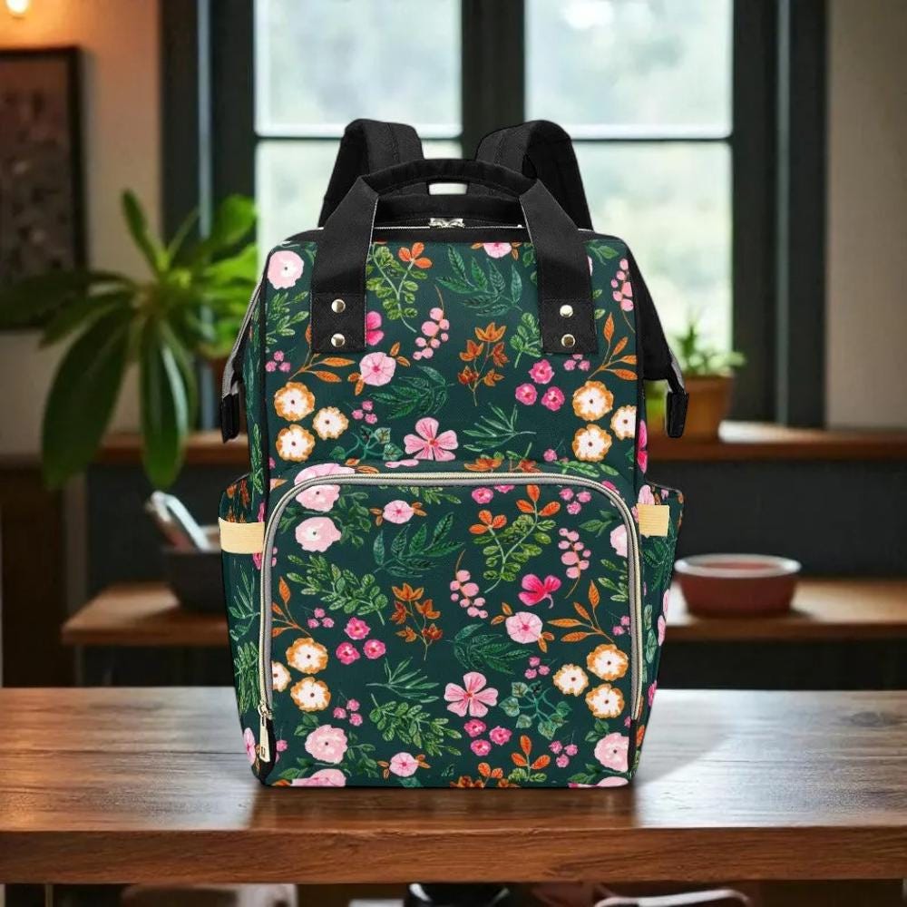 Floral Backpack Dark Green Botanical School Bag Teacher Mom Gift