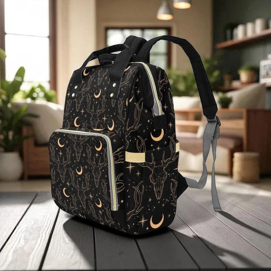Deer Skull Moon Backpack, Witchy Lunar Diaper Bag, Occult Travel Pack