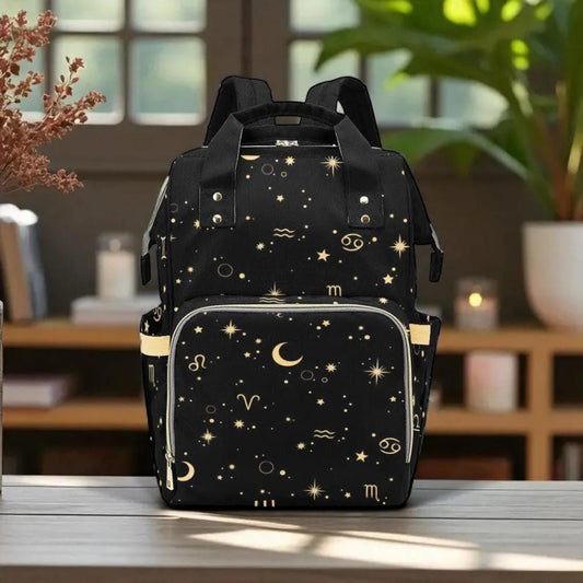 Zodiac Stars Backpack Black Astrology School Bag Witchy Diaper Tote