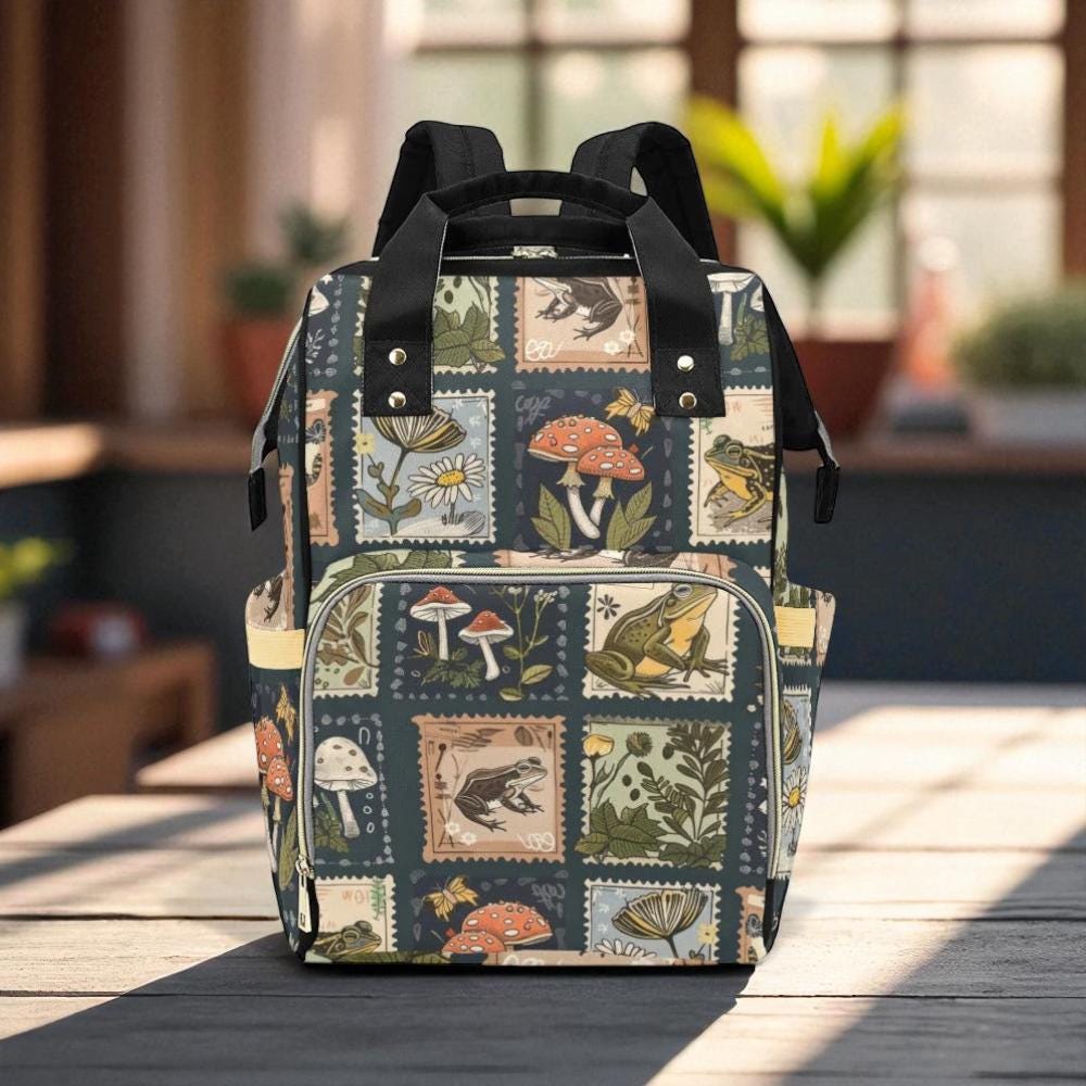 Mushroom frog patchwork bag, woodland cottagecore backpack, enchanted forest diaper bag, fairycore mushroom travel pack, whimsical backpack