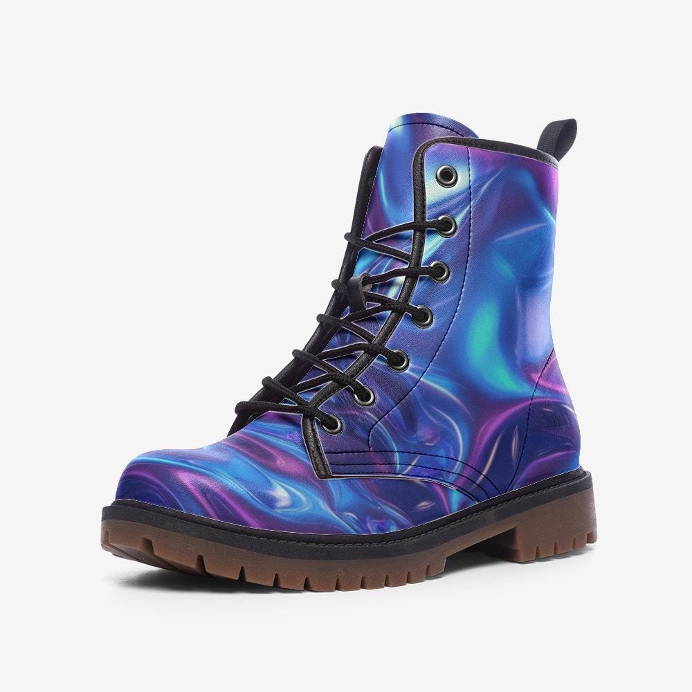 Holographic Combat Boots in Blue Purple Iridescent Finish for Rave Festival Outfits