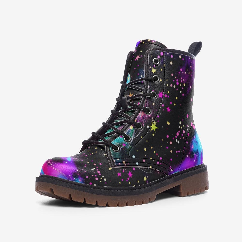 Galaxy Combat Boots, Neon Space Lace Up Shoes, Cosmic Grunge Festival Footwear