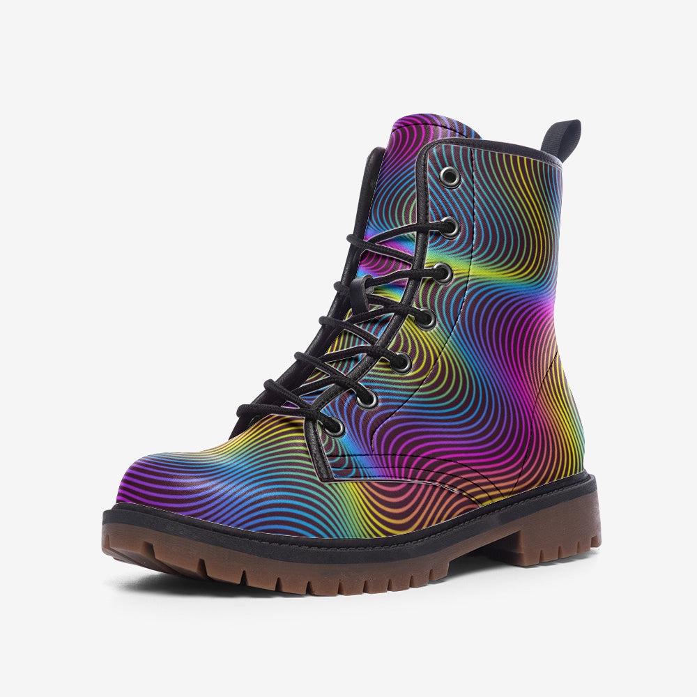 Psychedelic Combat Boots, Rainbow Wave Lace Up Shoes, Trippy Streetwear Footwear