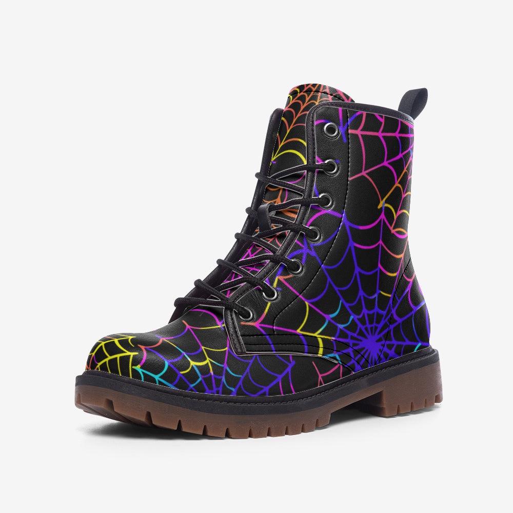 Spiderweb Combat Boots, Neon Halloween Lace Up Boots, Colorful Goth Festival Shoes