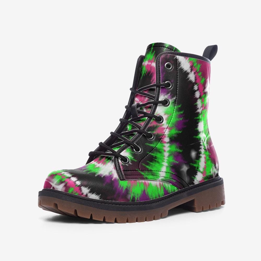 Tie Dye Combat Boots, Psychedelic Grunge Lace Up Shoes, Neon Rave Festival Footwear