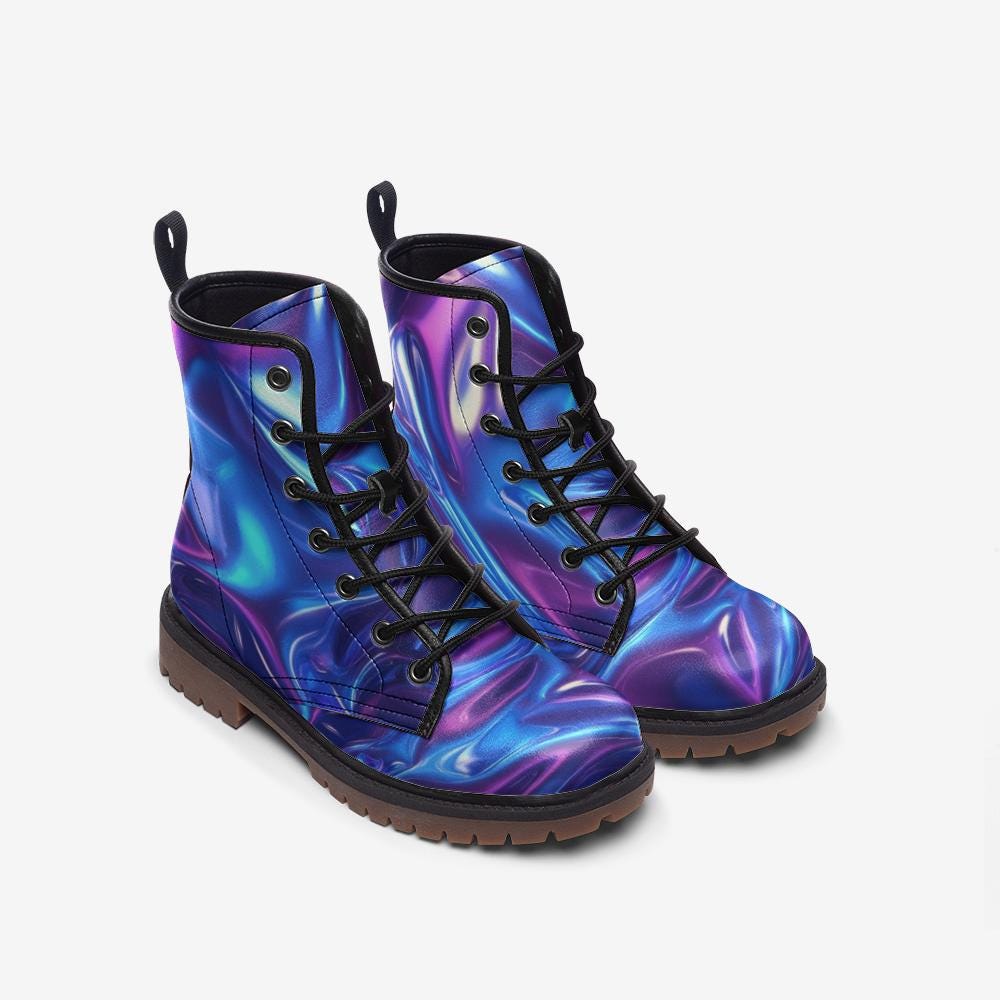 Holographic Combat Boots in Blue Purple Iridescent Finish for Rave Festival Outfits