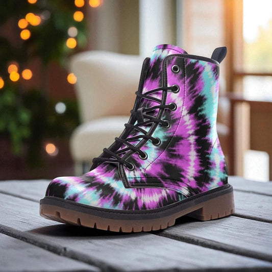 Tie Dye Combat Boots, Pink Teal Pastel Goth Lace Up Ankle Shoes