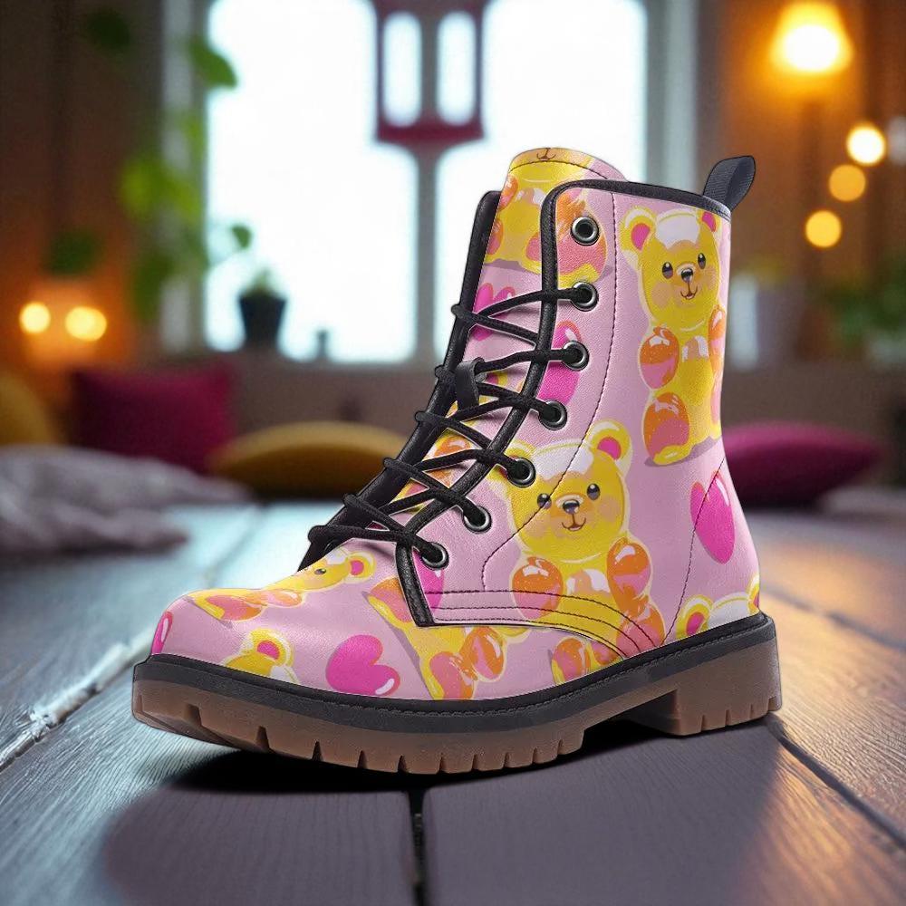 Kawaii Combat Boots, Pink Gummy Bear Lace Up Boots, Cute Candycore Festival Shoes