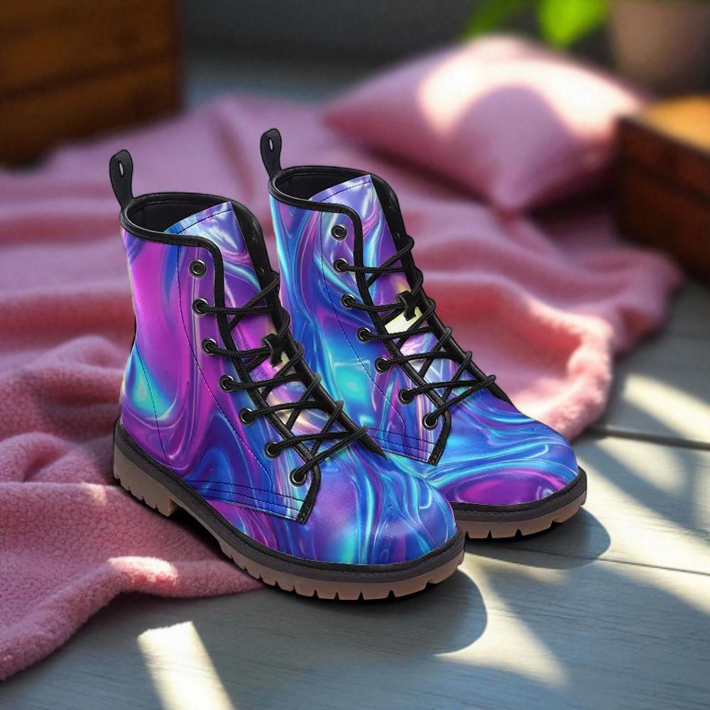 Holographic swirl boots, iridescent rave lace up shoes, festival style