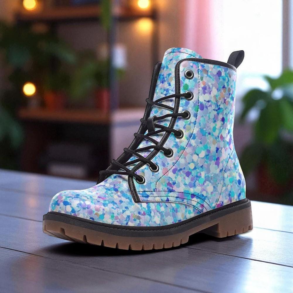 Pastel Glitter Boots, Blue Speckled Combat Shoes, Fairy Grunge Lace Up Ankle Boots