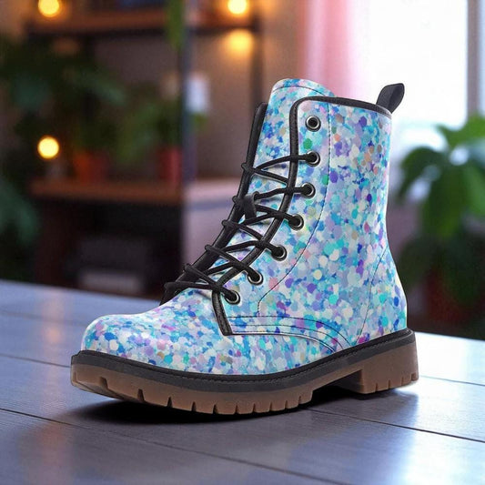 Pastel Glitter Boots, Blue Speckled Combat Shoes, Fairy Grunge Lace Up Ankle Boots