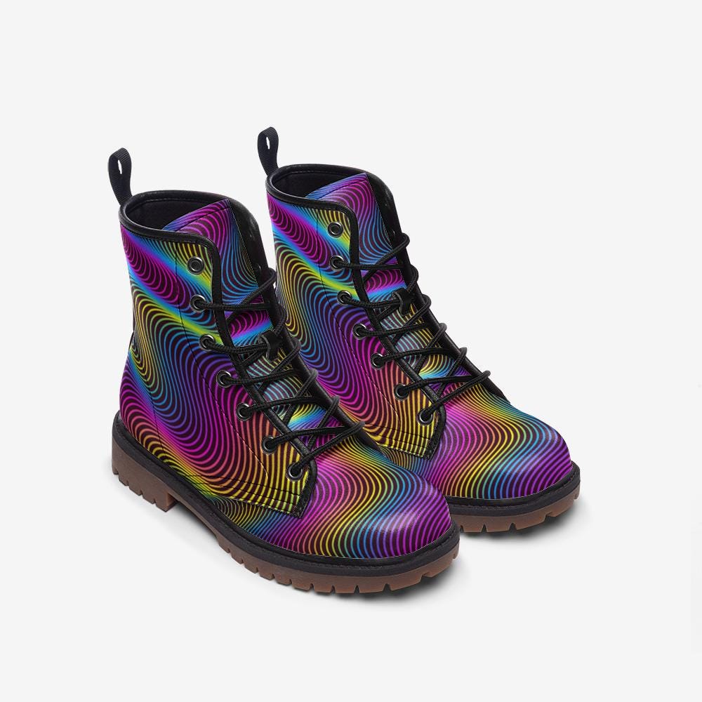 Psychedelic Combat Boots, Rainbow Wave Lace Up Shoes, Trippy Streetwear Footwear