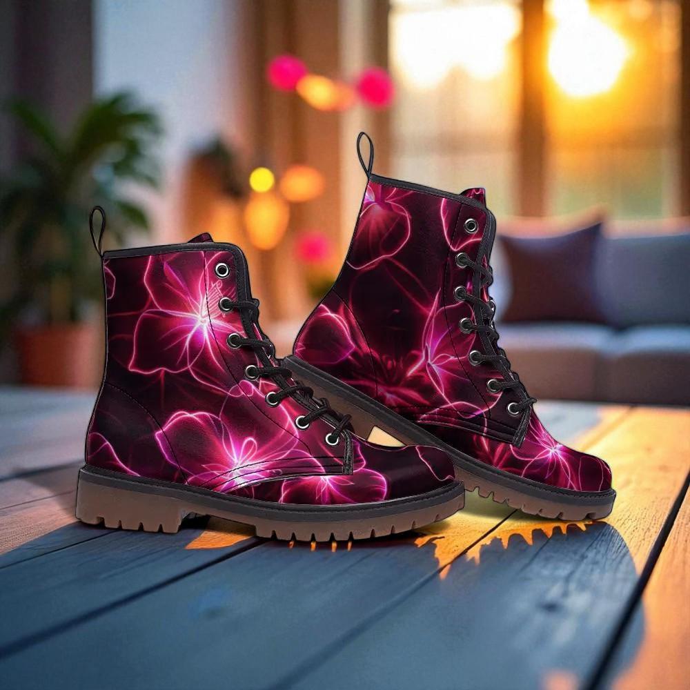 Neon Floral Combat Boots, Pink Glow Lace Up Shoes, Dark Botanical Statement Footwear