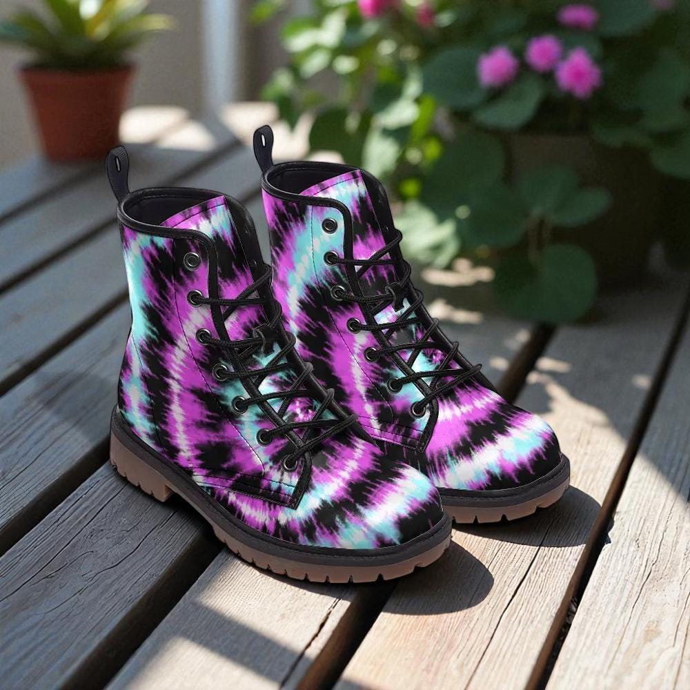 Tie Dye Combat Boots, Pink Teal Pastel Goth Lace Up Ankle Shoes