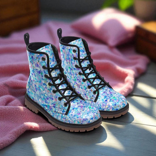 Pastel Glitter Boots, Blue Speckled Combat Shoes, Fairy Grunge Lace Up Ankle Boots