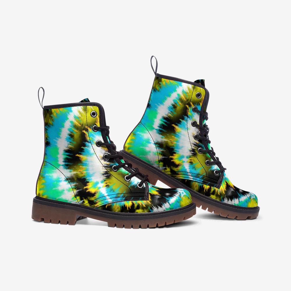Psychedelic Ankle Boots, Green Aqua Spiral Lace Up Shoes for Retro Streetwear