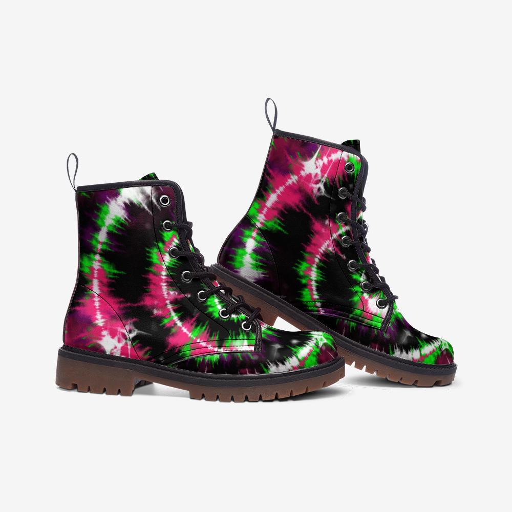 Tie Dye Combat Boots, Psychedelic Grunge Lace Up Shoes, Neon Rave Festival Footwear