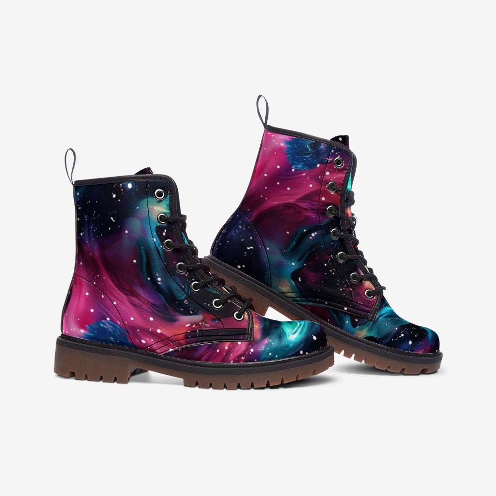 Galaxy Combat Boots, Nebula Lace Up Ankle Boots, Cosmic Space Grunge Festival Shoes