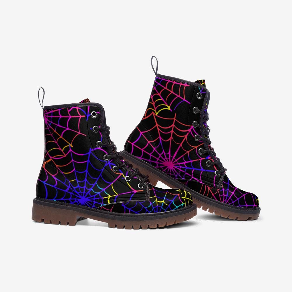 Spiderweb Combat Boots, Neon Halloween Lace Up Boots, Colorful Goth Festival Shoes