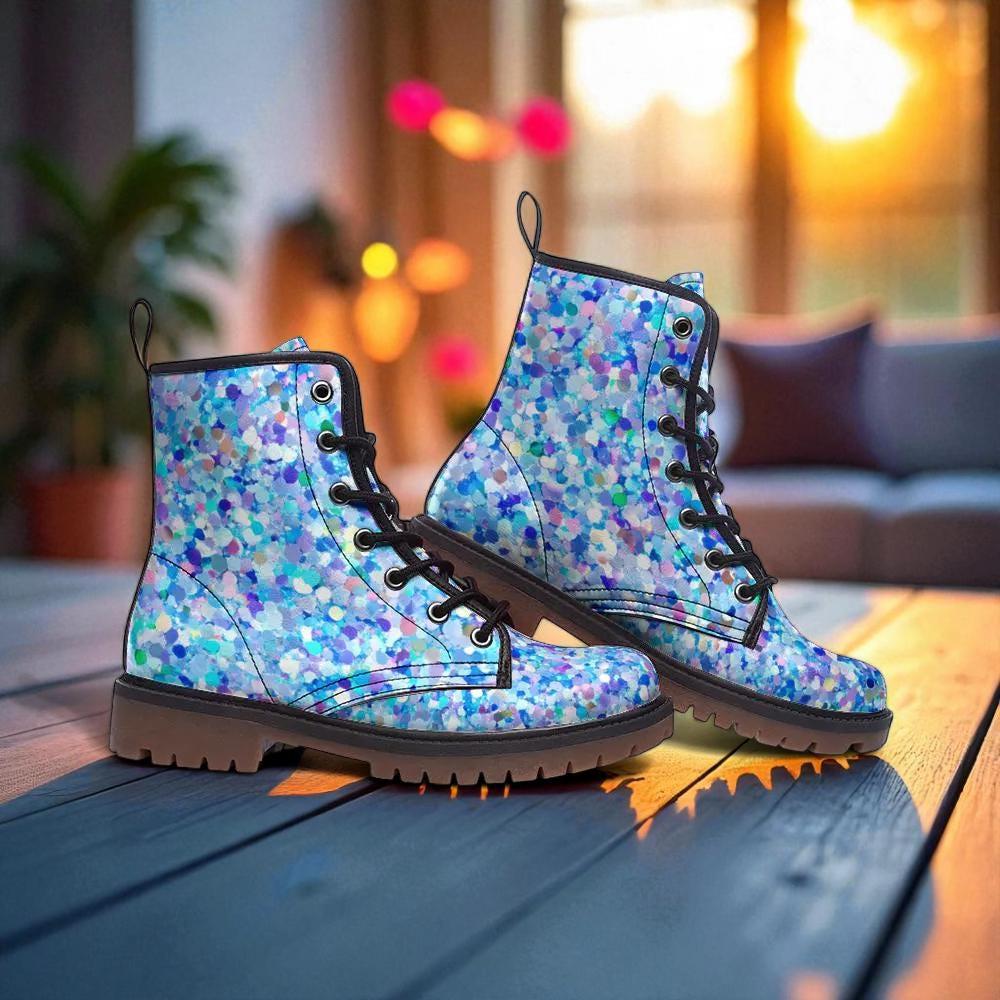 Pastel Glitter Boots, Blue Speckled Combat Shoes, Fairy Grunge Lace Up Ankle Boots