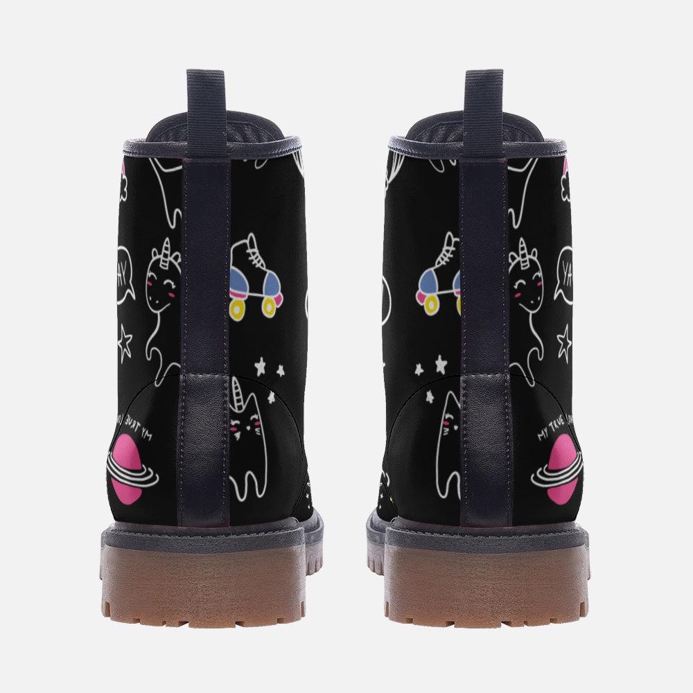 Cat Print Combat Boots, Whimsical Space Doodle Lace Ups, Cute Black Alt Boots