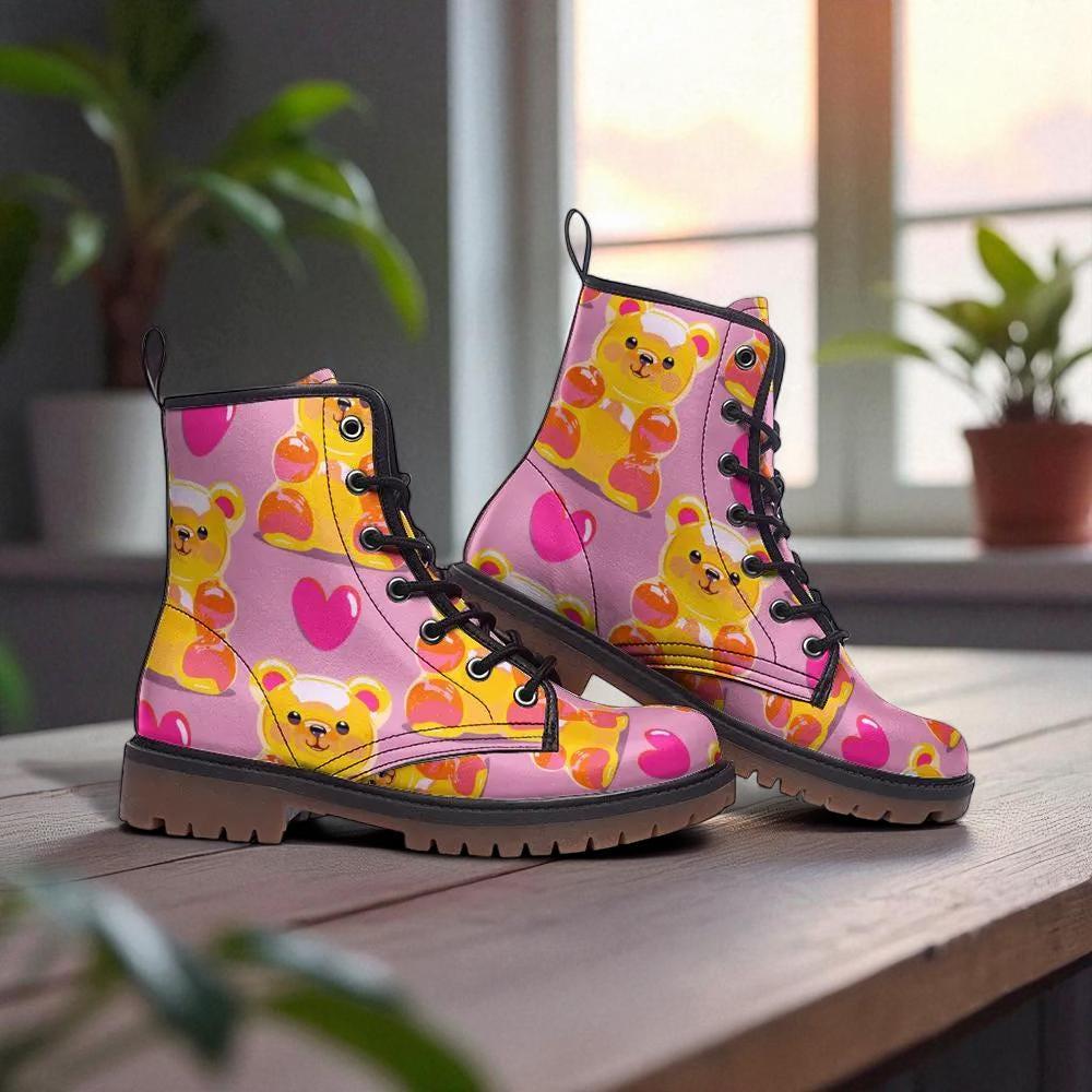 Kawaii Combat Boots, Pink Gummy Bear Lace Up Boots, Cute Candycore Festival Shoes