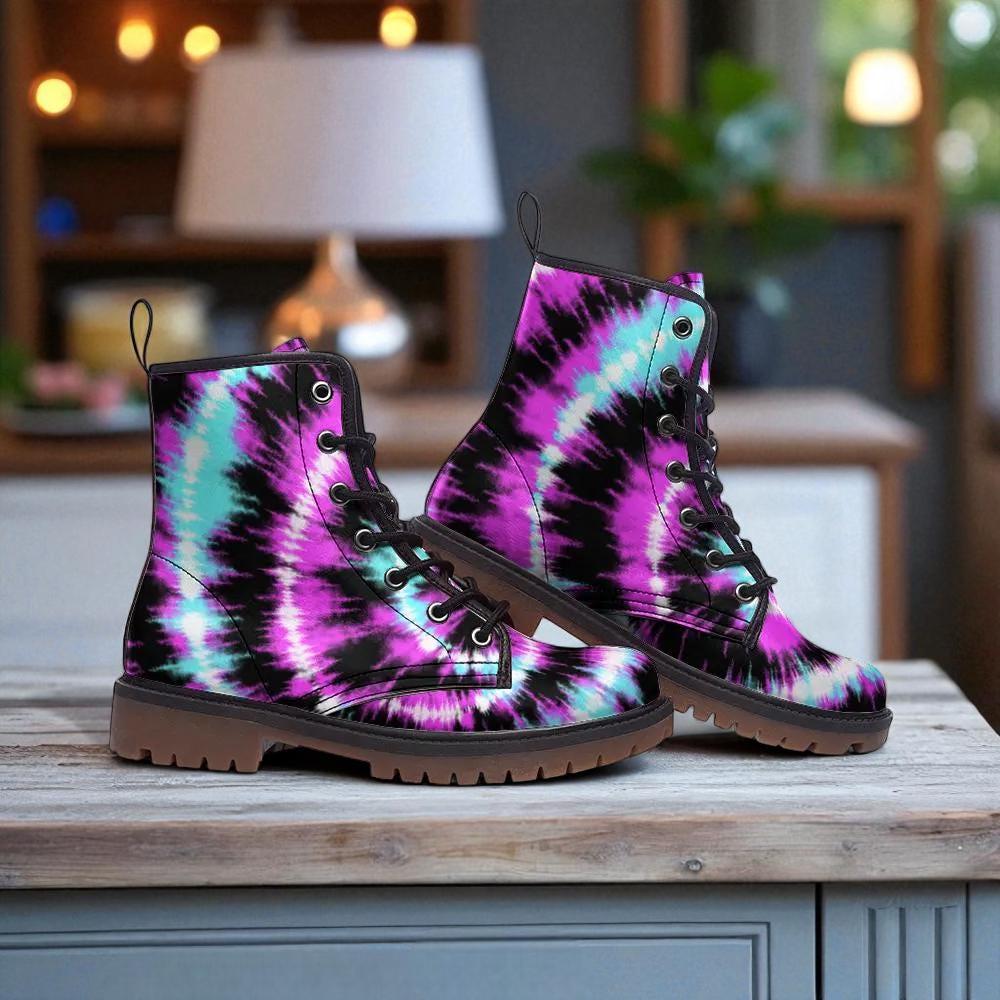 Tie Dye Combat Boots, Pink Teal Pastel Goth Lace Up Ankle Shoes