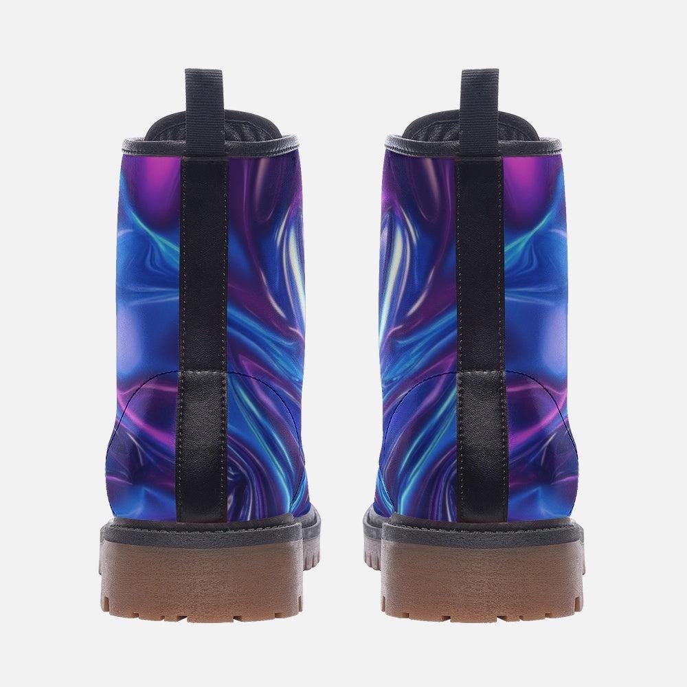 Holographic Combat Boots in Blue Purple Iridescent Finish for Rave Festival Outfits