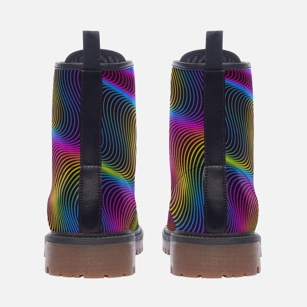 Psychedelic Combat Boots, Rainbow Wave Lace Up Shoes, Trippy Streetwear Footwear