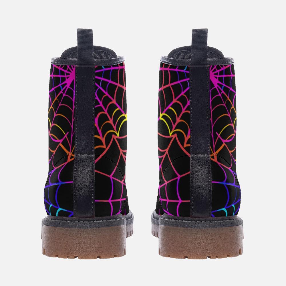 Spiderweb Combat Boots, Neon Halloween Lace Up Boots, Colorful Goth Festival Shoes