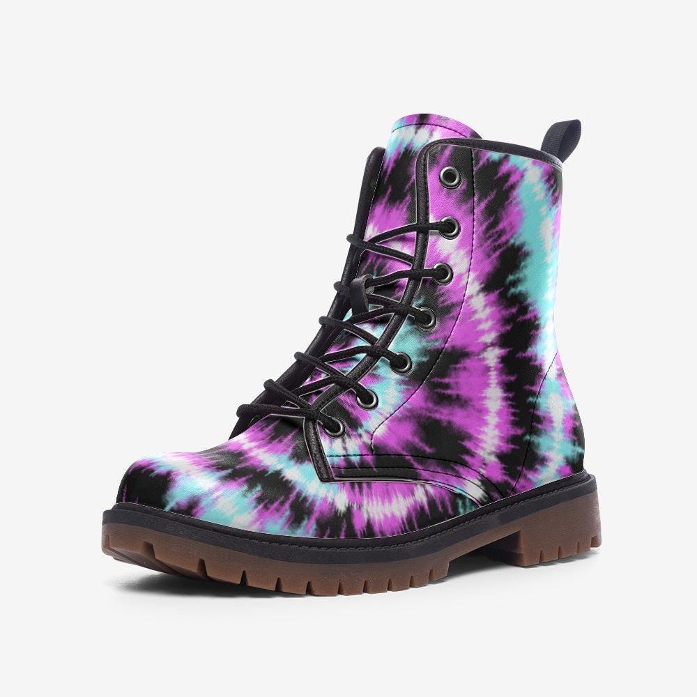 Tie Dye Combat Boots, Pink Teal Pastel Goth Lace Up Ankle Shoes