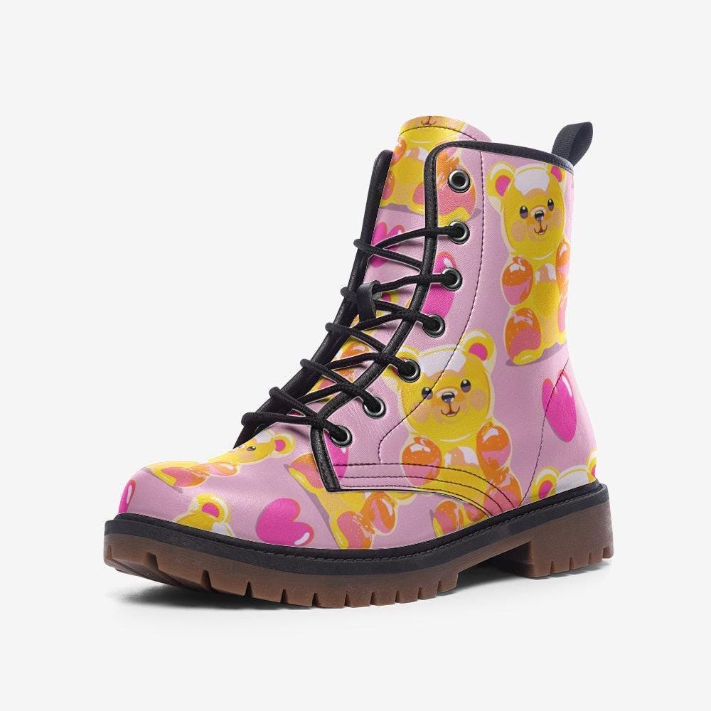 Kawaii Combat Boots, Pink Gummy Bear Lace Up Boots, Cute Candycore Festival Shoes