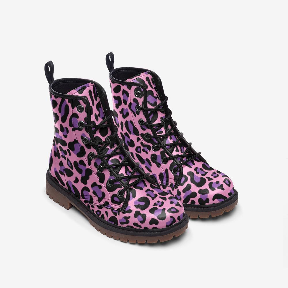Pink leopard boots, festival rave lace up shoes, alt party footwear