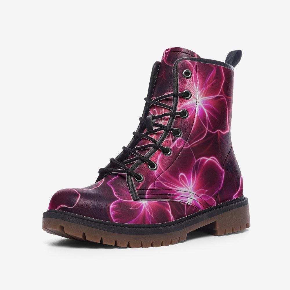 Neon Floral Combat Boots, Pink Glow Lace Up Shoes, Dark Botanical Statement Footwear