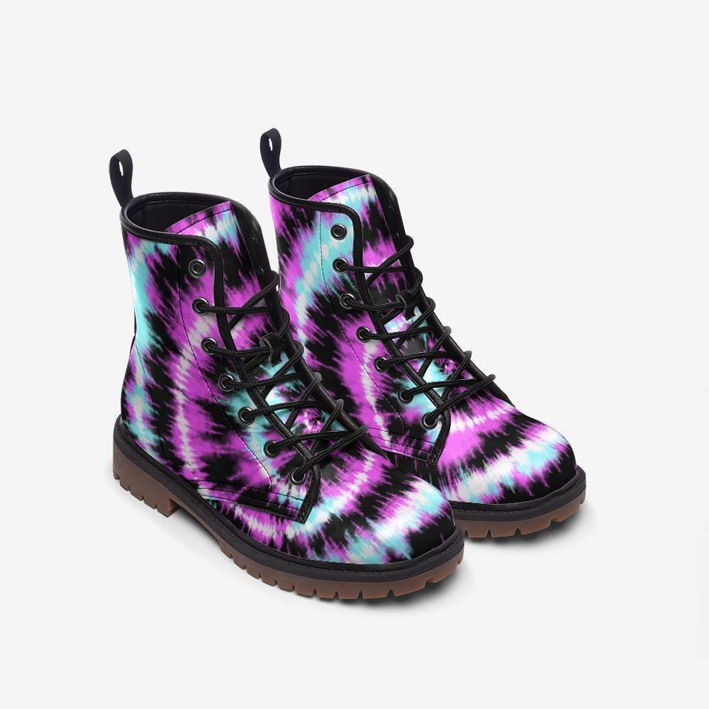 Tie Dye Combat Boots, Pink Teal Pastel Goth Lace Up Ankle Shoes