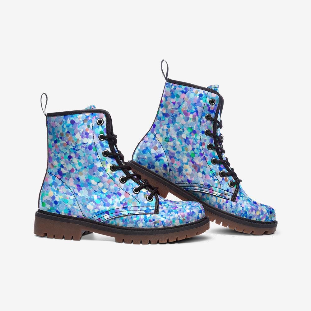 Pastel Glitter Boots, Blue Speckled Combat Shoes, Fairy Grunge Lace Up Ankle Boots