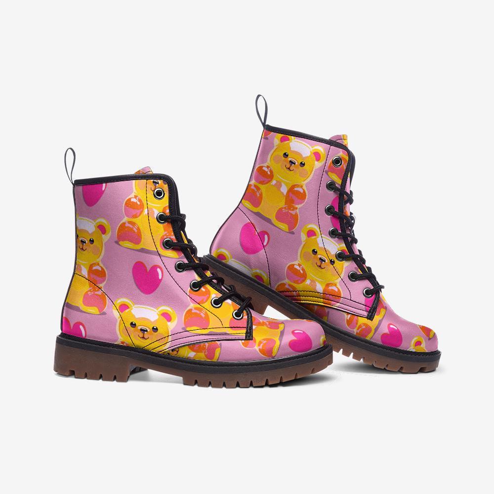Kawaii Combat Boots, Pink Gummy Bear Lace Up Boots, Cute Candycore Festival Shoes