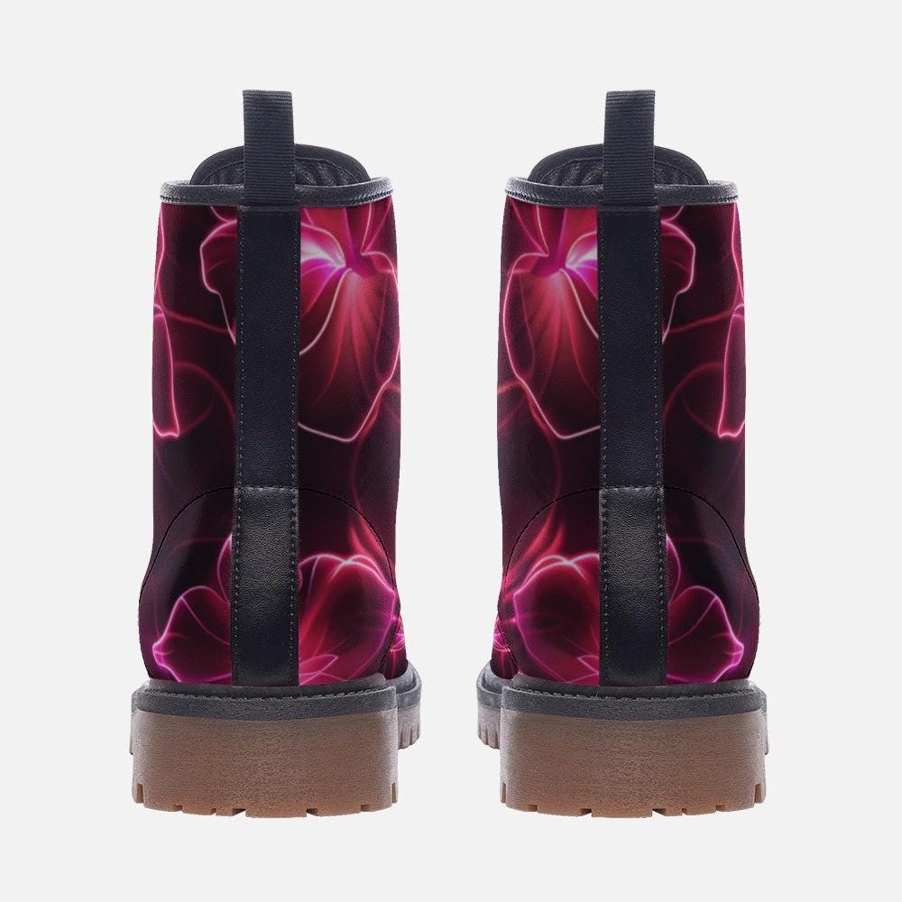 Neon Floral Combat Boots, Pink Glow Lace Up Shoes, Dark Botanical Statement Footwear