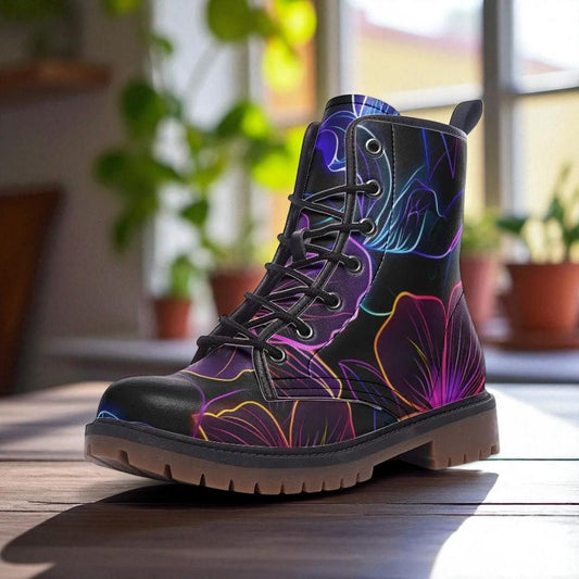 Floral Combat Boots, Neon Lace Up Festival Boots, Black Edgy Streetwear Shoes
