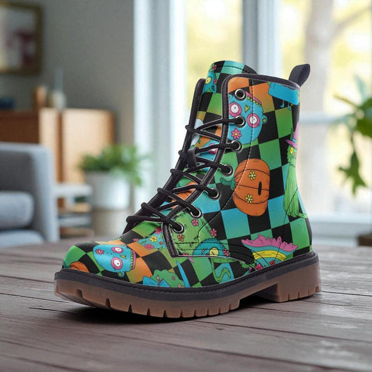 Halloween Checkerboard Boots Spooky Cute Pumpkin Ghost Goth Ankle Shoes
