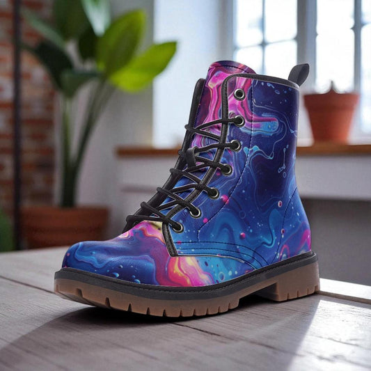 Combat Boots Galaxy Abstract Neon Swirl Lace Up Festival Grunge Shoes