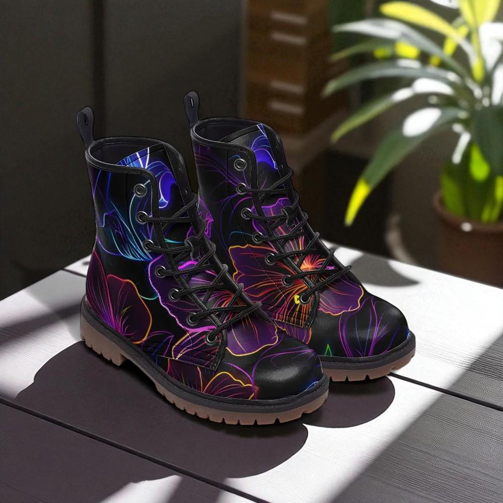 Floral Combat Boots, Neon Lace Up Festival Boots, Black Edgy Streetwear Shoes