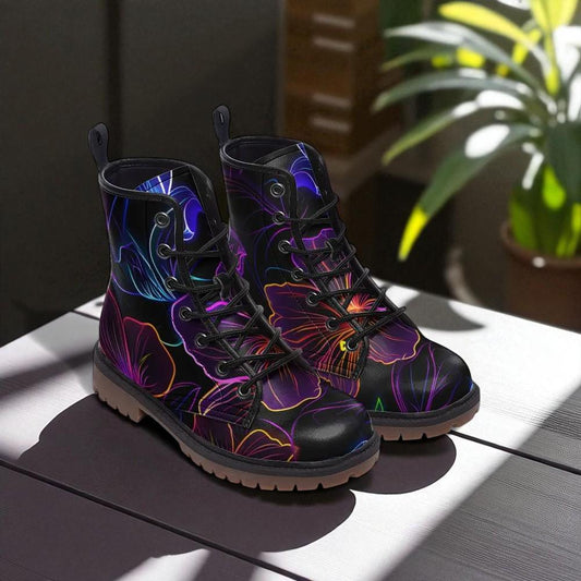 Floral Combat Boots, Neon Lace Up Festival Boots, Black Edgy Streetwear Shoes