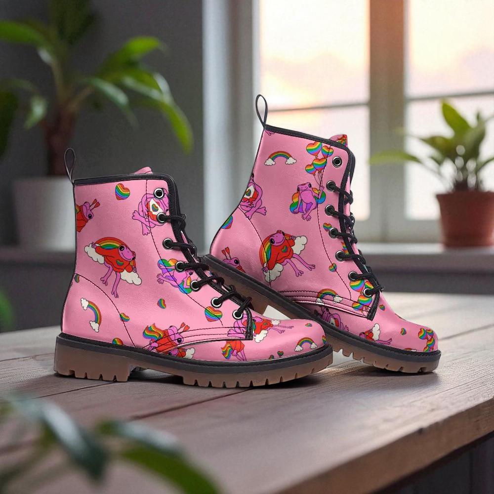 Kawaii Frog Lace Up Boots in Pink with Rainbow Print for Cute Dopamine Dressing