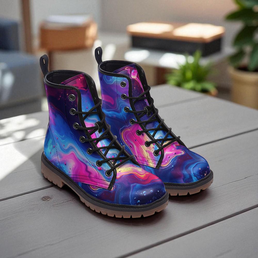 Combat Boots Galaxy Abstract Neon Swirl Lace Up Festival Grunge Shoes