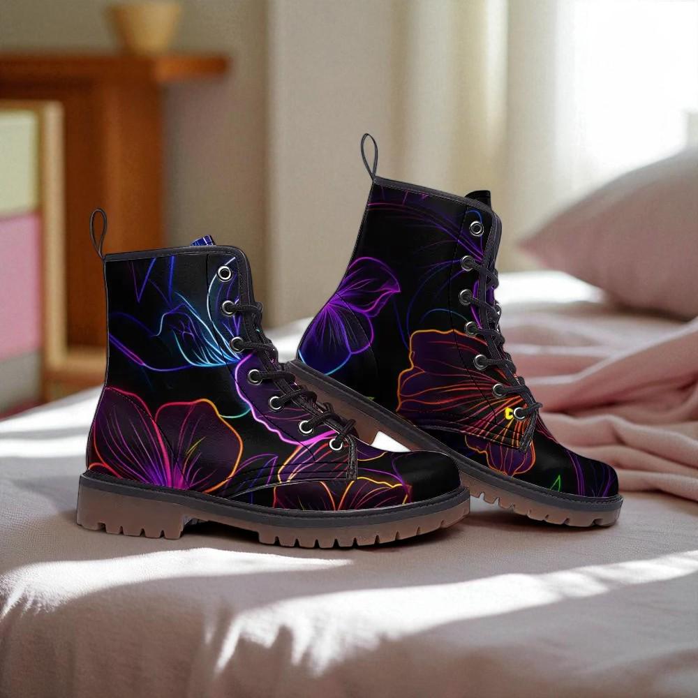 Floral Combat Boots, Neon Lace Up Festival Boots, Black Edgy Streetwear Shoes